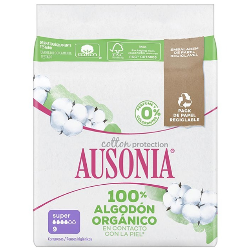 Sanitary towels 100% cotton super Ausonia 9un